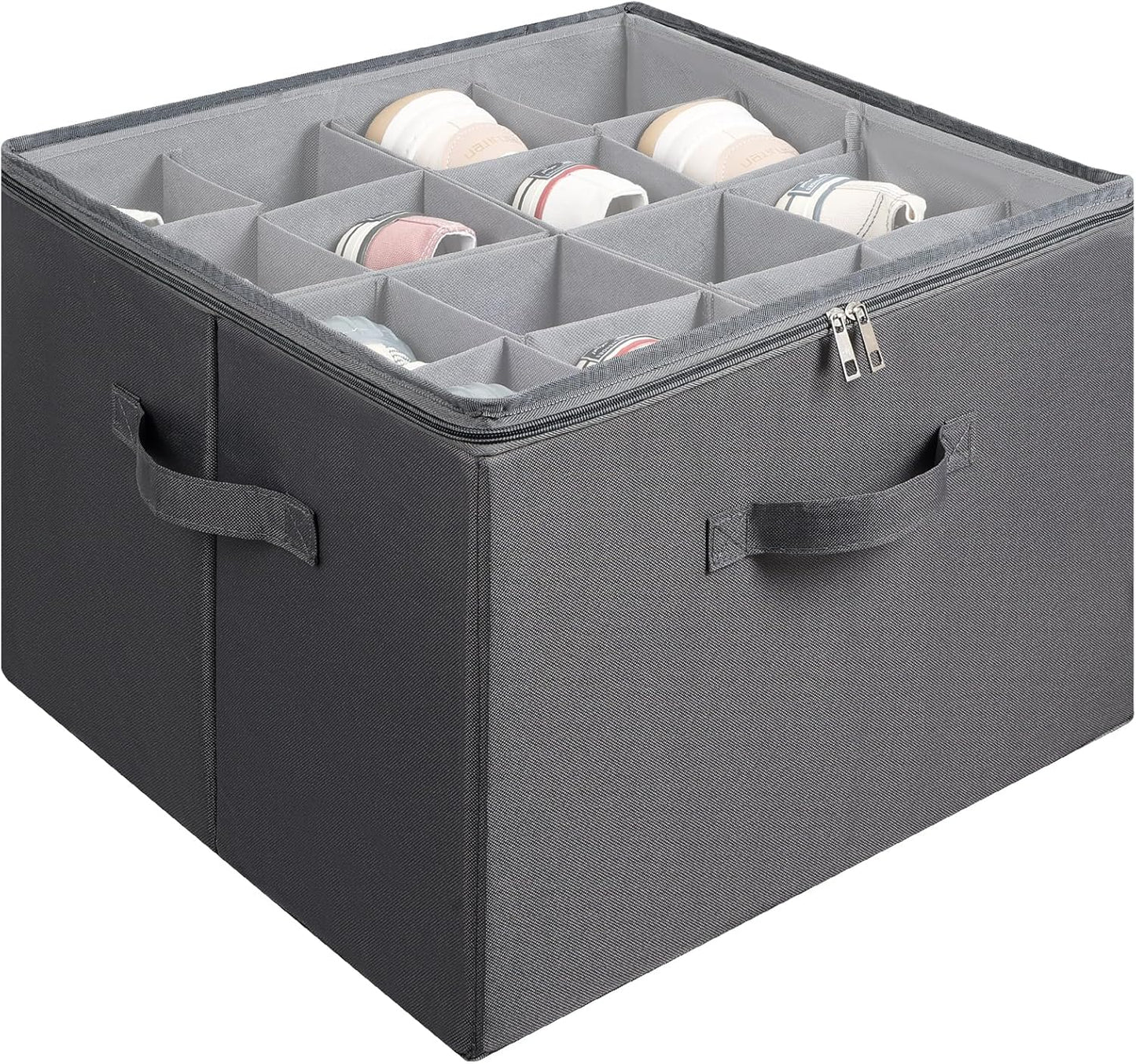 Shoe Organizer for Closet, Foldable Shoe Storage Bins with Clear Cover, Large Shoe Box Storage Container with Adjustabele Dividers, Fits up to 16 Pairs, Gray