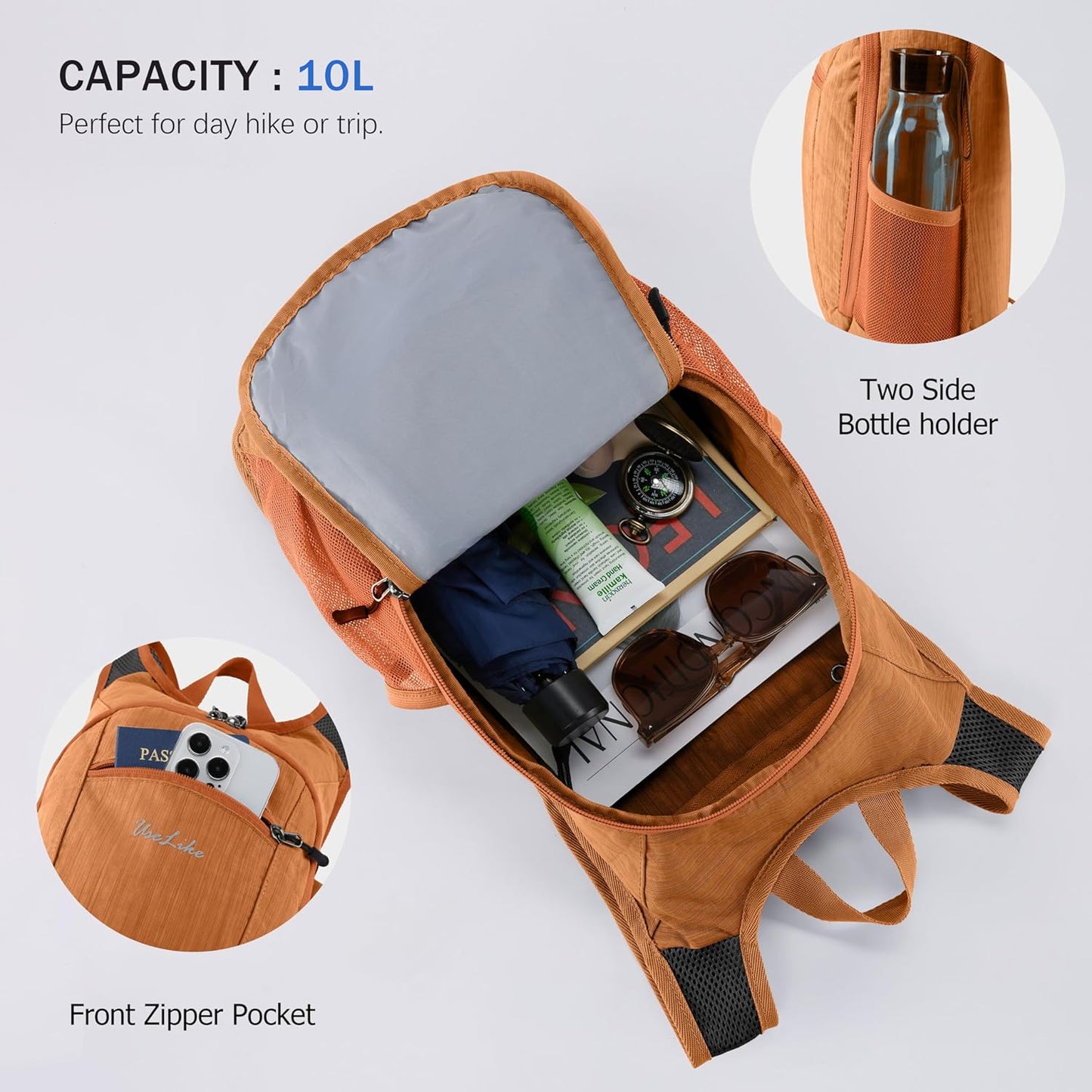 10L Small Hiking Backpack Travel Daypack Lightweight Packable Back Pack for Women Men(Orange)