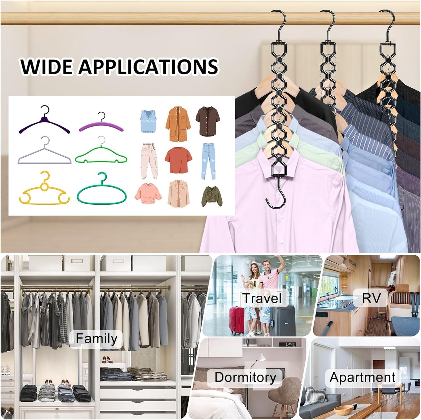 3 Pack Space Saving Hangers for Clothes, Heavy Duty 30Lbs Capacity Magic Clothes Space Saver Sturdy Metal Hanger Organizer with 360° Swivel Hook, Closet Organizers Storage Dorm Essentials Black