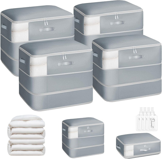 4 Pack Compression Storage Bags - 110L Large Capacity Comforter Storage Bag, 3-Layer Washable Ultra Space Saving Self Compression Organizer Space Bags for Blanket, Sweater, Sheet, Light Gray