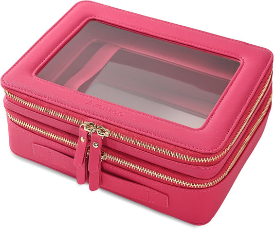 Aveniee XL Clear Makeup Organizer,Double Layer Travel Cosmetic Case with Brush Holder & Zippered Compartments,Big Toiletry Bag for Travel Accessories,2 Layers Large,Hotpink