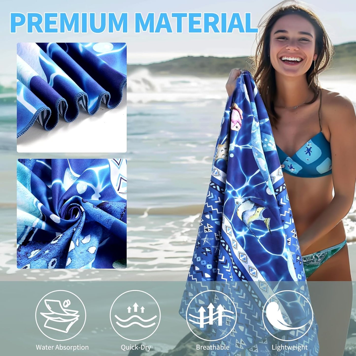 2 Pack Microfiber Beach Towel, Blue and Blue Oversized Pool Towel 75”x 35”, Sand-Free Quick Drying Camping Super Absorbent Bath Blanket, Soft Breathable and Lightweight