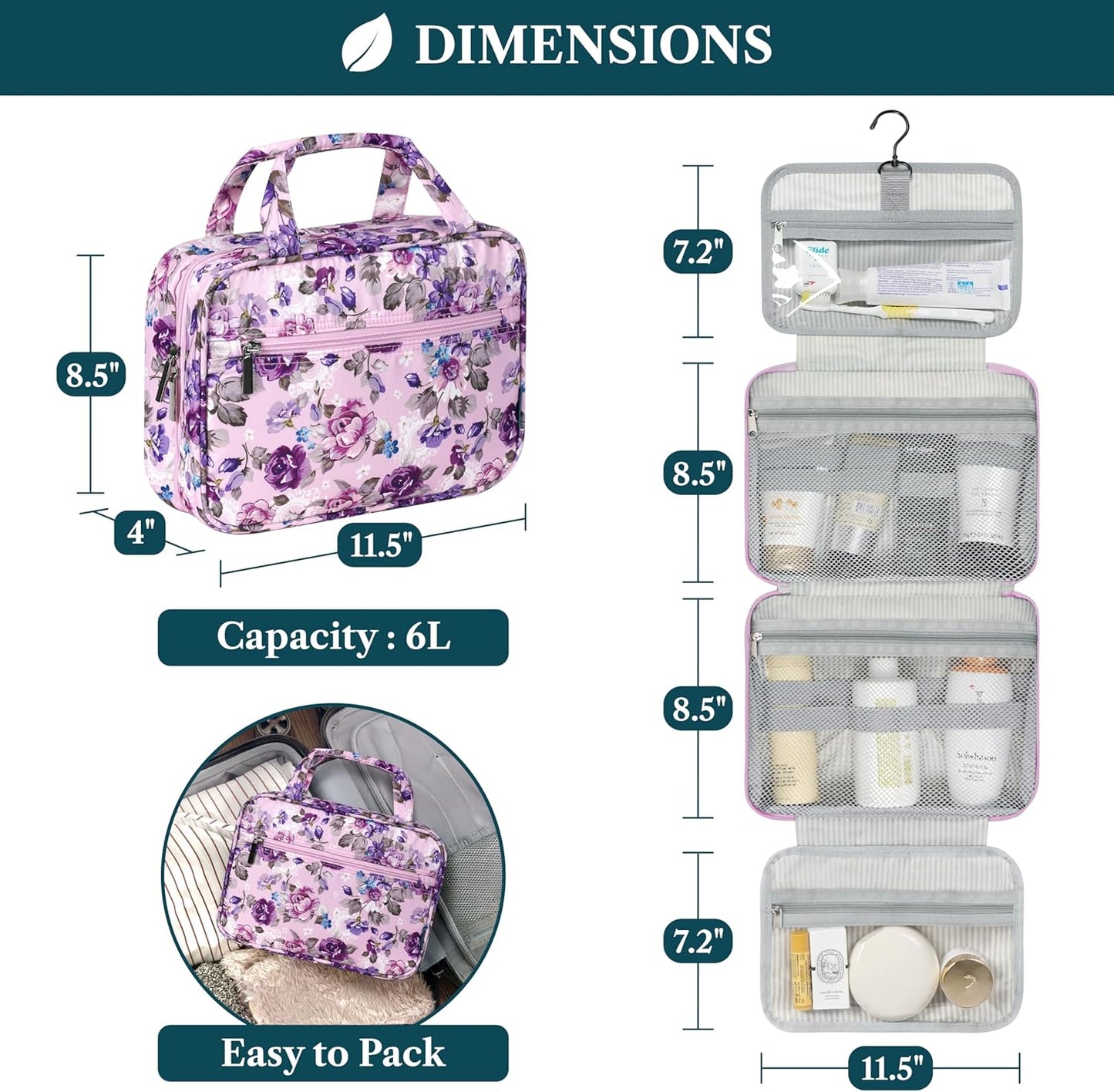 PAVILIA Hanging Toiletry Bag Travel Bag Women Men, Foldable Cosmetic Organizer, Roll up Makeup Bag, Water Resistant Accessories Toiletries, Large Travel Essentials Kit (Purple Floral)