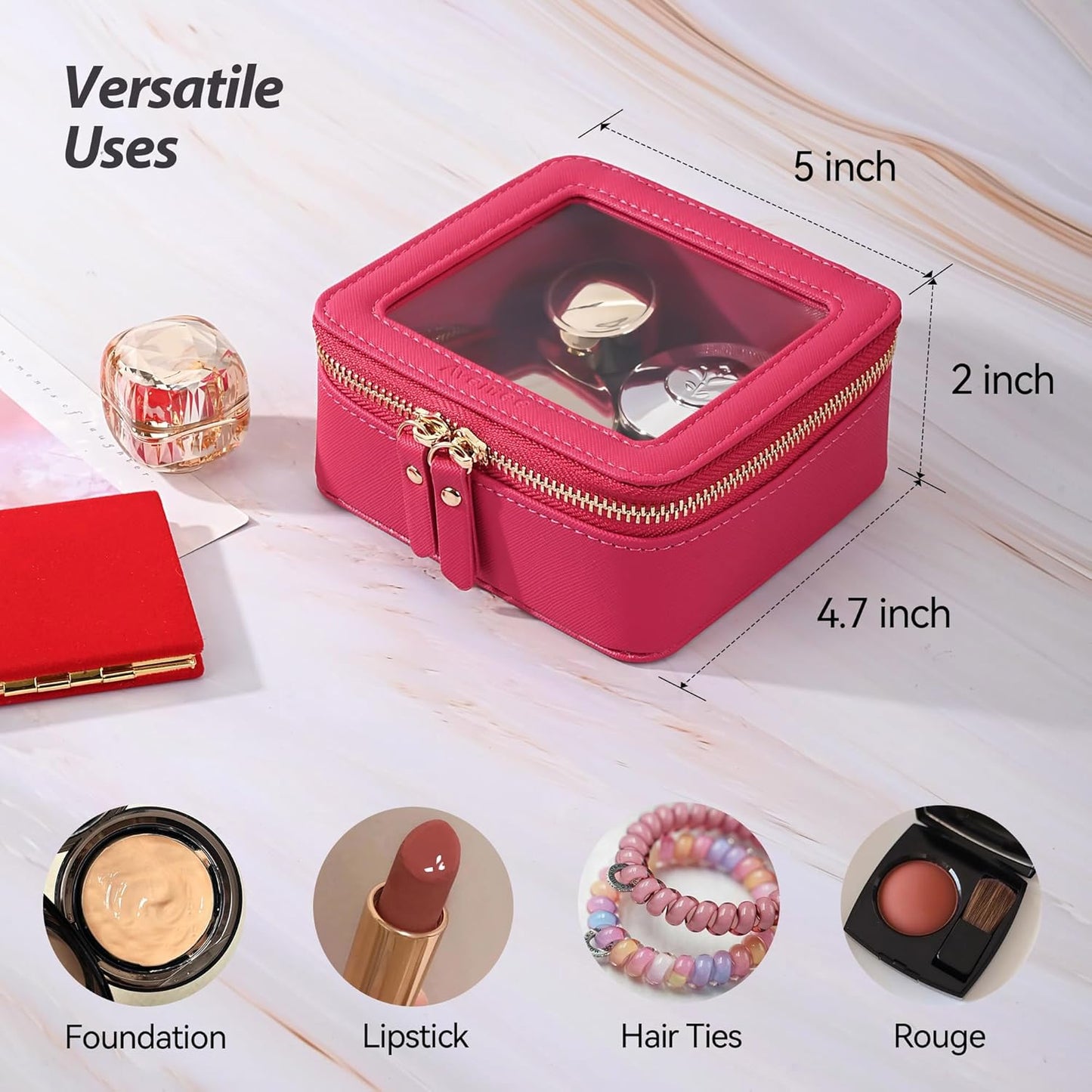 Aveniee Mini Clear Makeup Bag, Small Cosmetic Bags Travel Toiletry Pouch Organizer, TSA Approved Make up Case with Zipper, Car Bag for Essentials,Hotpink