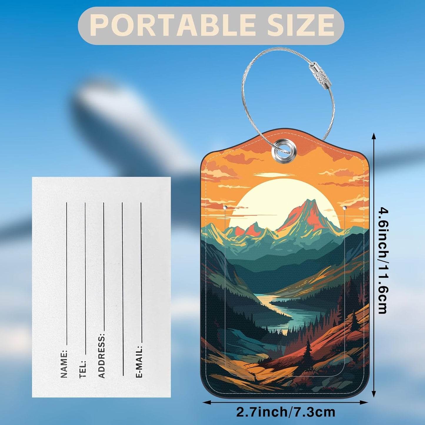 2 Pack Luggage Tags for Suitcases Sunset in The Mountains Leather Luggage Tags Privacy Cover ID Label with Stainless Steel Loop and Address Card for Women Men Travel Bag Backpack
