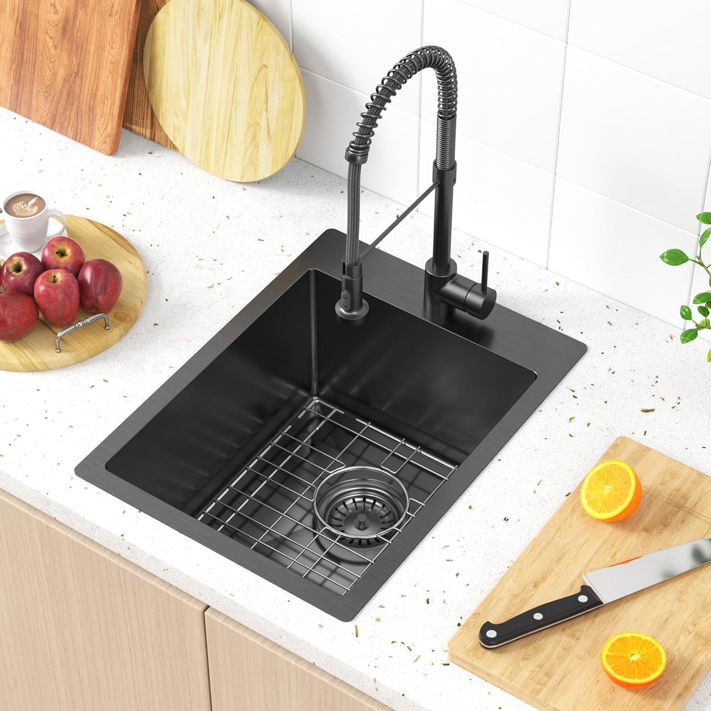 15x20 Drop In Bar Sink Black, 15 Inch Gunmetal Black Wet Bar Sink 18 Gauge Single Bowl Topmount Stainless Steel Small Kitchen Sink with Basket Strainer Drain & Bottom Grid