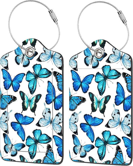 2 Pack Luggage Tag for Suitcase,Beautiful Blue Butterfly PU Leather Suitcase Tags Identifiers with Privacy Name Address Labels and Durable Steel Loop for Women Men Travel