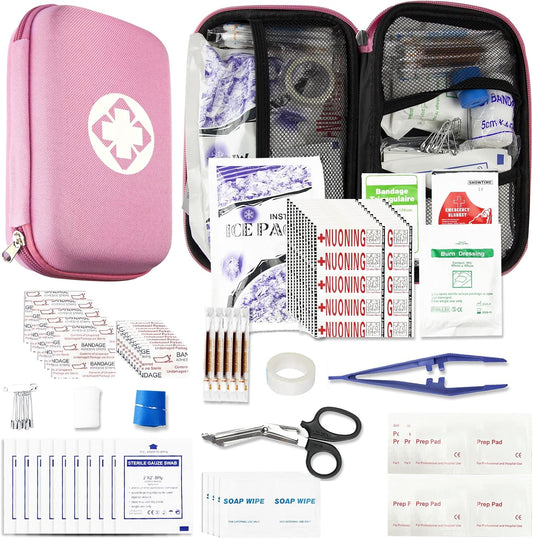 277PCS Compact Emergency First Aid Kit for Car Business Travel Size Backpacking Gear Bag Camping Essentials Survival Kit Supplies for Road Trips, Hiking, Outdoor Play Pink AMORNING