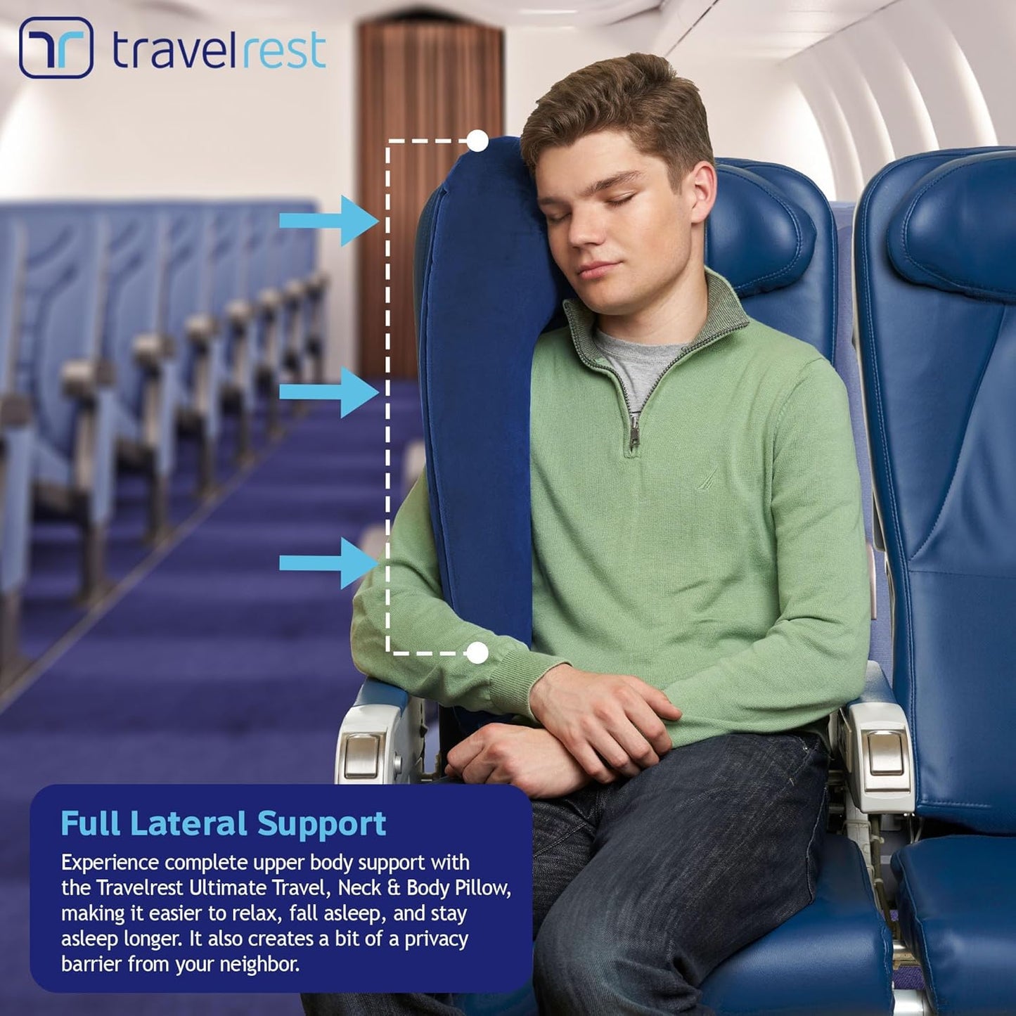 TRAVELREST Ultimate Inflatable Travel Neck & Body Pillow - Travel Essentials, Comfort and Upper Body Support, Airplane Neck Pillow for Long Flight, Straps to Airplane Seat & Car, for All Ages - Blue