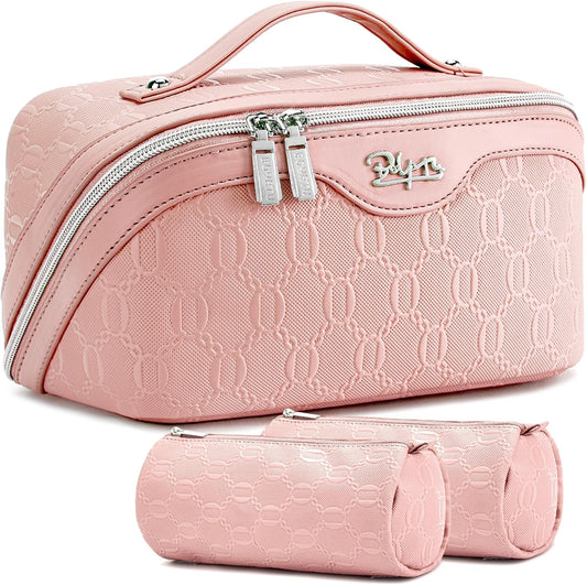 BOYATU Travel Makeup Bag for Women: Cosmetic Organizer Bag with Compartments - Leather Make up Bags Set of 3 (Pink)