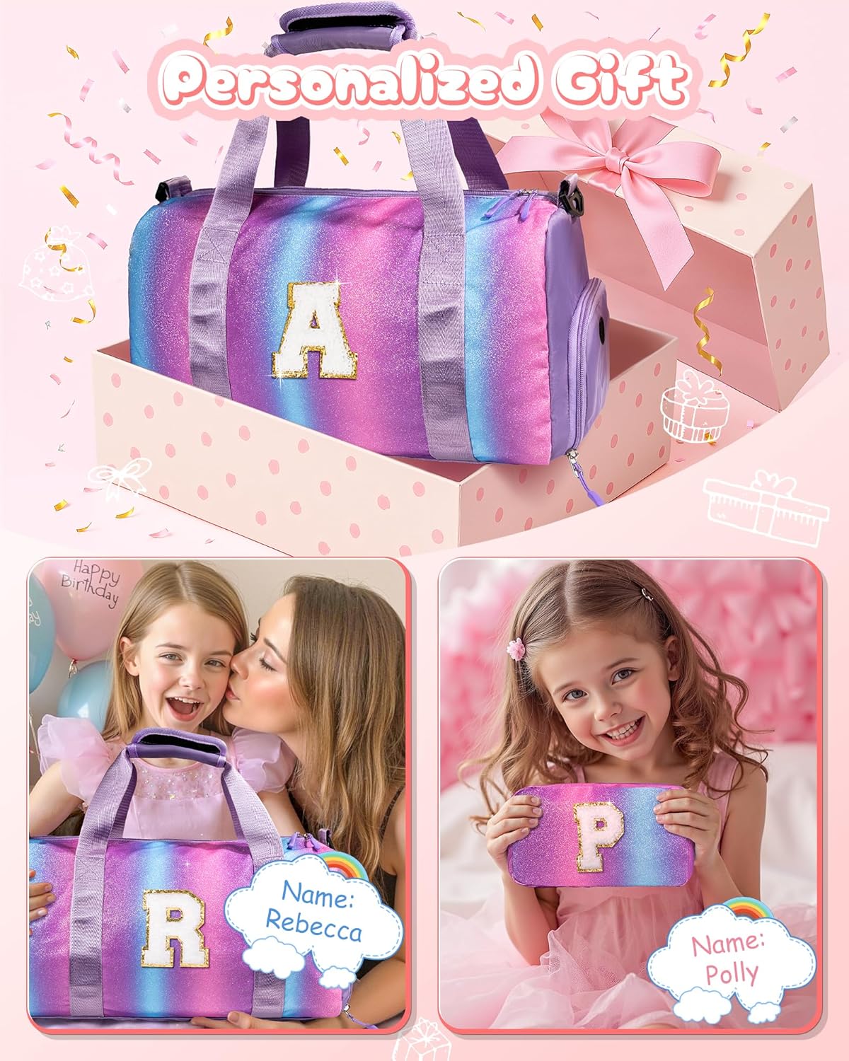 Birthday Gift for Granddaughter-Girl Gym Bag with Shoe Compartment, Kid Personalized Weekender Overnight Bags, Initial Travel Tote with Makeup Pouch, Christmas Gifts for Girls (Letter Z)