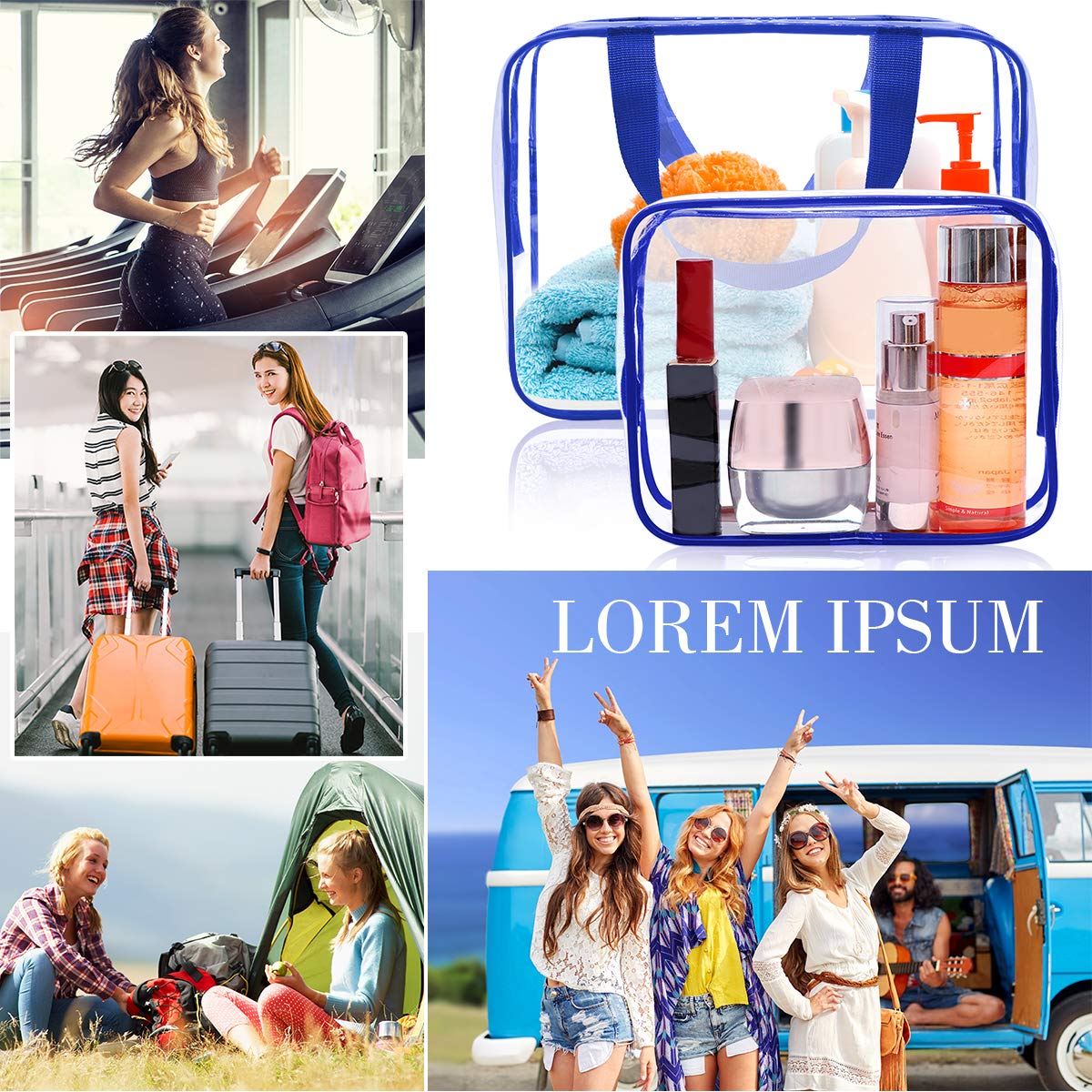 APREUTY Clear Makeup Bags, TSA Approved 6Pcs Cosmetic Makeup Bag Set Clear PVC with Zipper Handle Portable Travel Luggage Pouch Airport Airline Vacation (Blue)