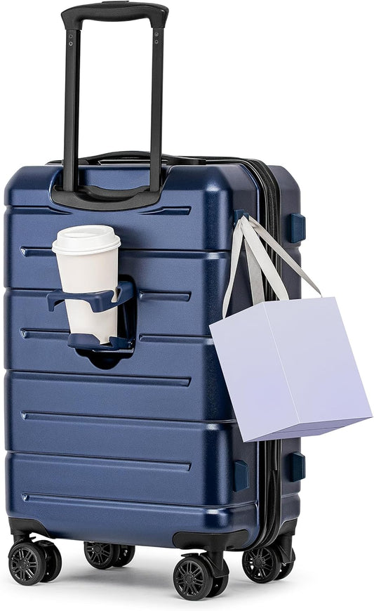 KYME Carry On Luggage 22x14x9 Airline Approved with Cup Holder Hardside Carry On Suitcase with Spinner Wheels TSA Lock Hardshell 22 inch Travel Rolling Luggage for Women Men Navy
