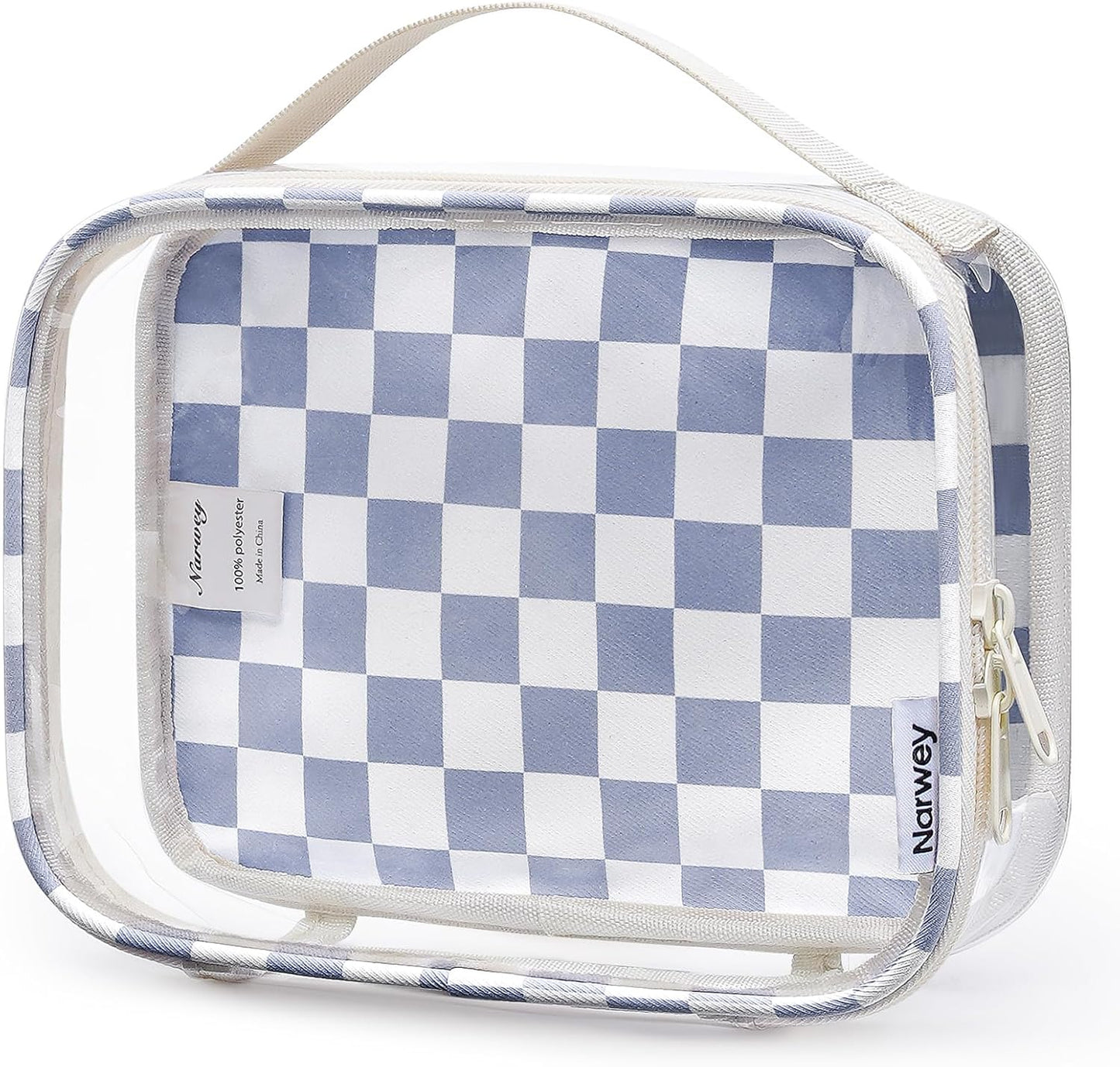 Narwey TSA Approved Clear Toiletry Bag for Travel, Waterproof PVC Clear Makeup Bags Portable Compact Cosmetic Bag Make Up Organizer Airport Airline Quart Size Compliant Bag (Grayish Blue Checkerboard)