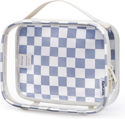 Narwey TSA Approved Clear Toiletry Bag for Travel, Waterproof PVC Clear Makeup Bags Portable Compact Cosmetic Bag Make Up Organizer Airport Airline Quart Size Compliant Bag (Grayish Blue Checkerboard)