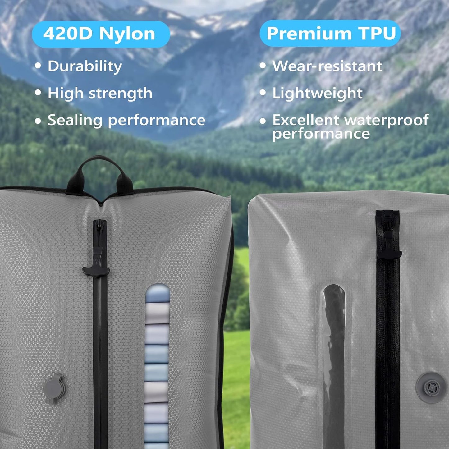 2025 Vacuum Bags for Travel with See-Through Window & 5KPa Pump Space Saver Vacuum Seal Bags for Clothing Travel IP67 Reusable Packing Organizers for Luggage, Backpack, Suitcase Grey 2PC+Pump