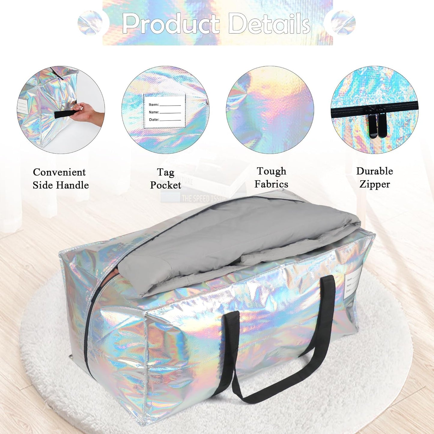 6 Pack Heavy Duty Moving Bags Extra Large Waterproof Foldable Clothing Storage Totes Bags with Zipper,Reinforced Handles,Packing Moving Boxes for Dorm & Seasonal Storage,Iridescent