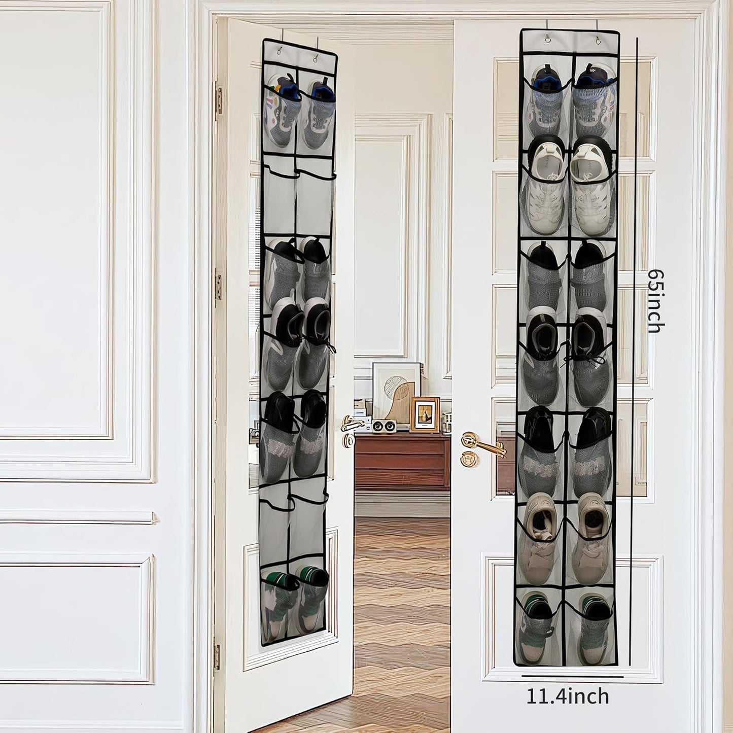 Over The Door Shoe Organizer, 14 Large Mesh Pockets Hanging Shoe Rack for Closet Organizers and Storage, Gray, 2-pack (gray)