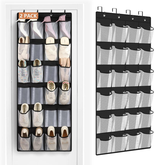 FENTEC 2 Pack Large Over The Door Shoe Organizer, 24 Pockets Mesh Hanging Shoe Organizers, Over Door Organizer, Black