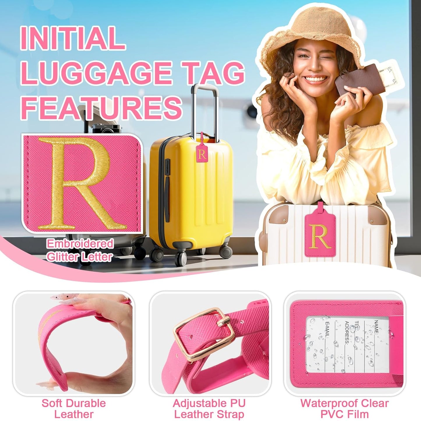 Personalized Initial Luggage Tags - Cute Red Leather Monogrammed Tags with Privacy Cover for Women Kids