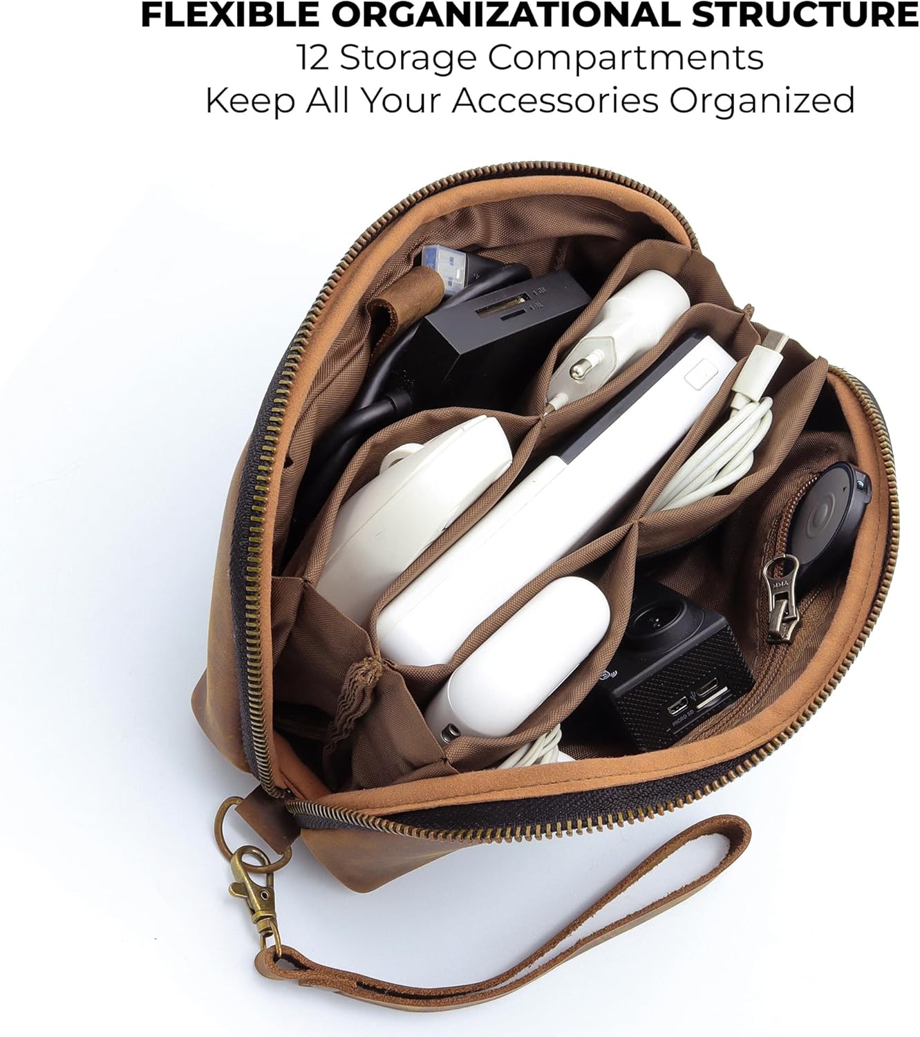 Leather Tech Pouch for Cables Chargers Phone | Tech Bag | Zipper Travel Accessory Pouch | Electronic Organizer Case Travel Bag (Large Vintage Dark Brown)