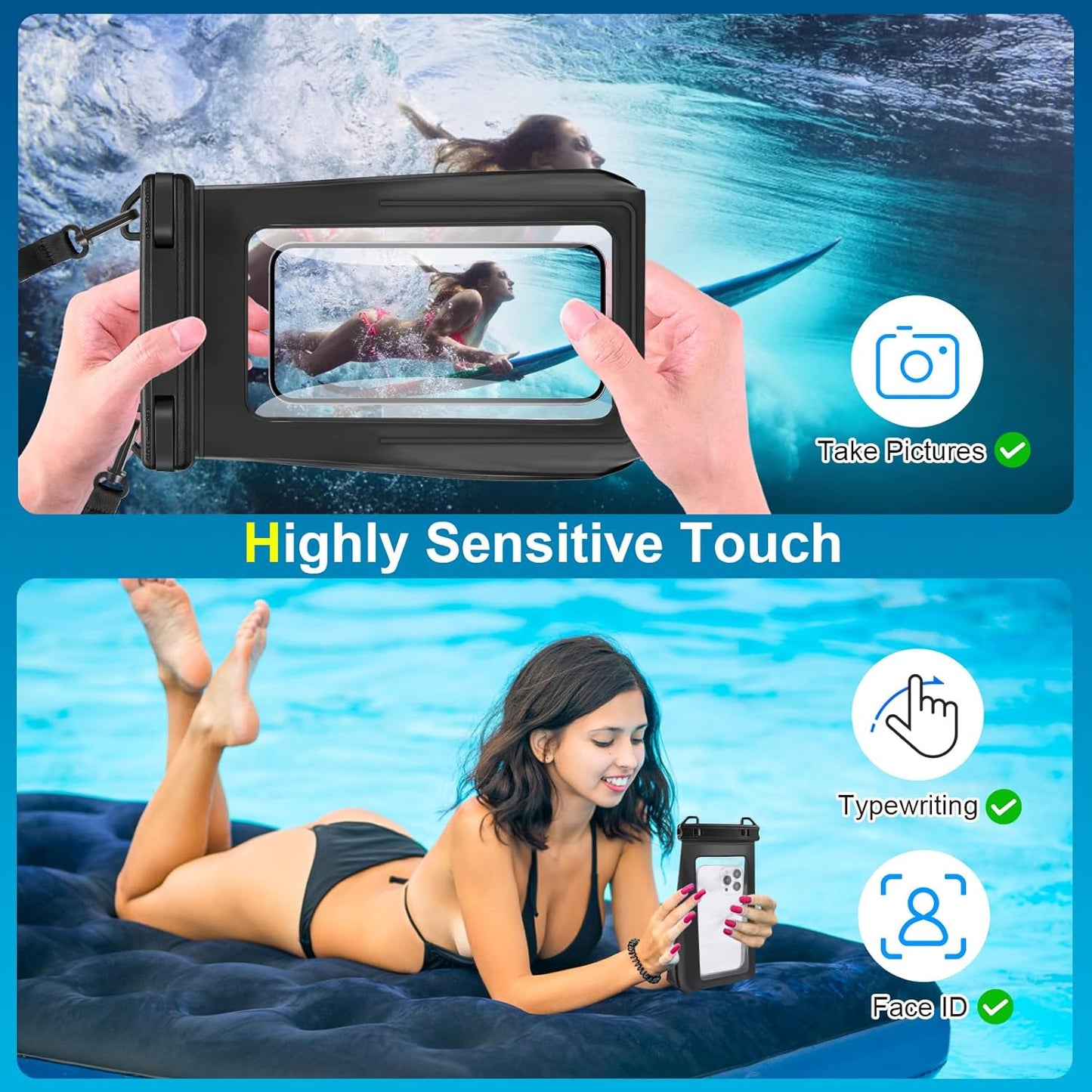 Large Waterproof Phone Pouch Floating, Universal Waterproof Phone Case for iPhone 15 Pro Max 14 Plus 13 12 11 Samsung up to 7.2'', IPX8 Water Proof Cellphone Dry Bag for Beach Pool Swimming Black