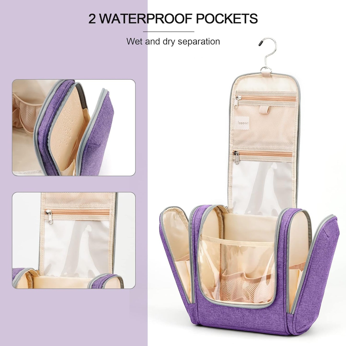 Extra Large Toiletry Bag for Women and Men, 6 Organizer Compartments, Holds Full Size Shampoo, with Hanging Hook Cosmetic Bag, Travel Makeup Bag, Bathroom Water-resistant Toiletries Bag, Purple