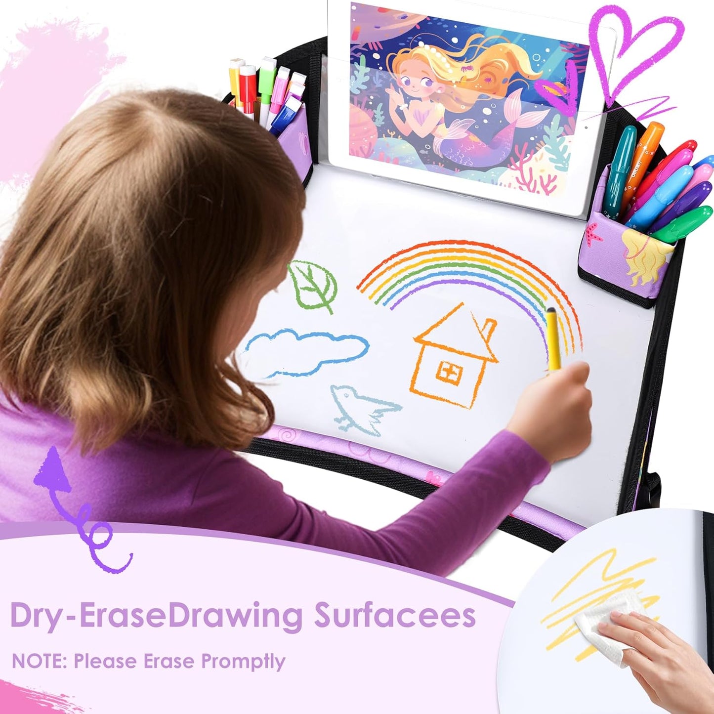 3PCS Kids Travel Tray for Airplane - Toddler Car Seat Table Tray, Road Trip Essentials for Boys & Girls, Carseat Lap Desk for Kids Road Trip Activities (Pink/Green-/Purple)