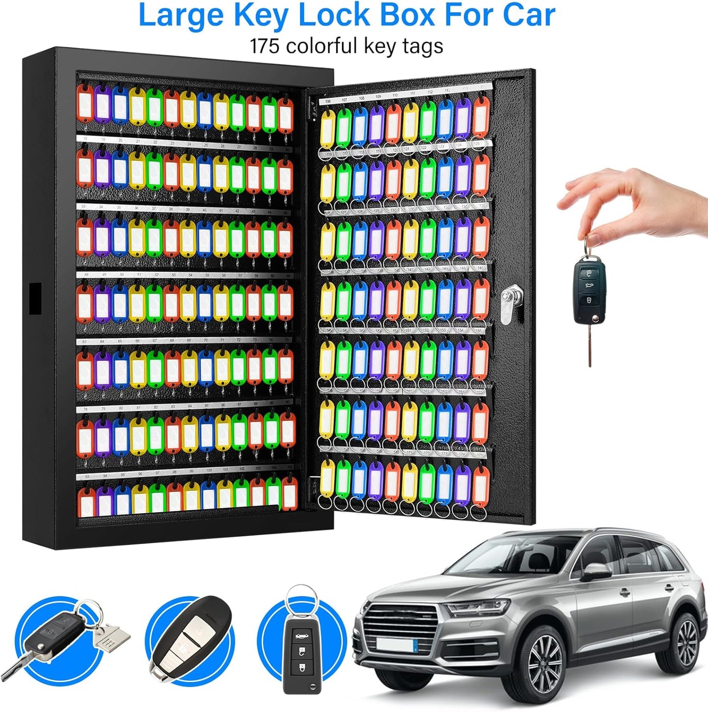 175 Keys Key Lock Box, Anti-Theft Key Cabinet with Key Tags, Key Organizer Wall Mount for Car Garage House Rental Office Business