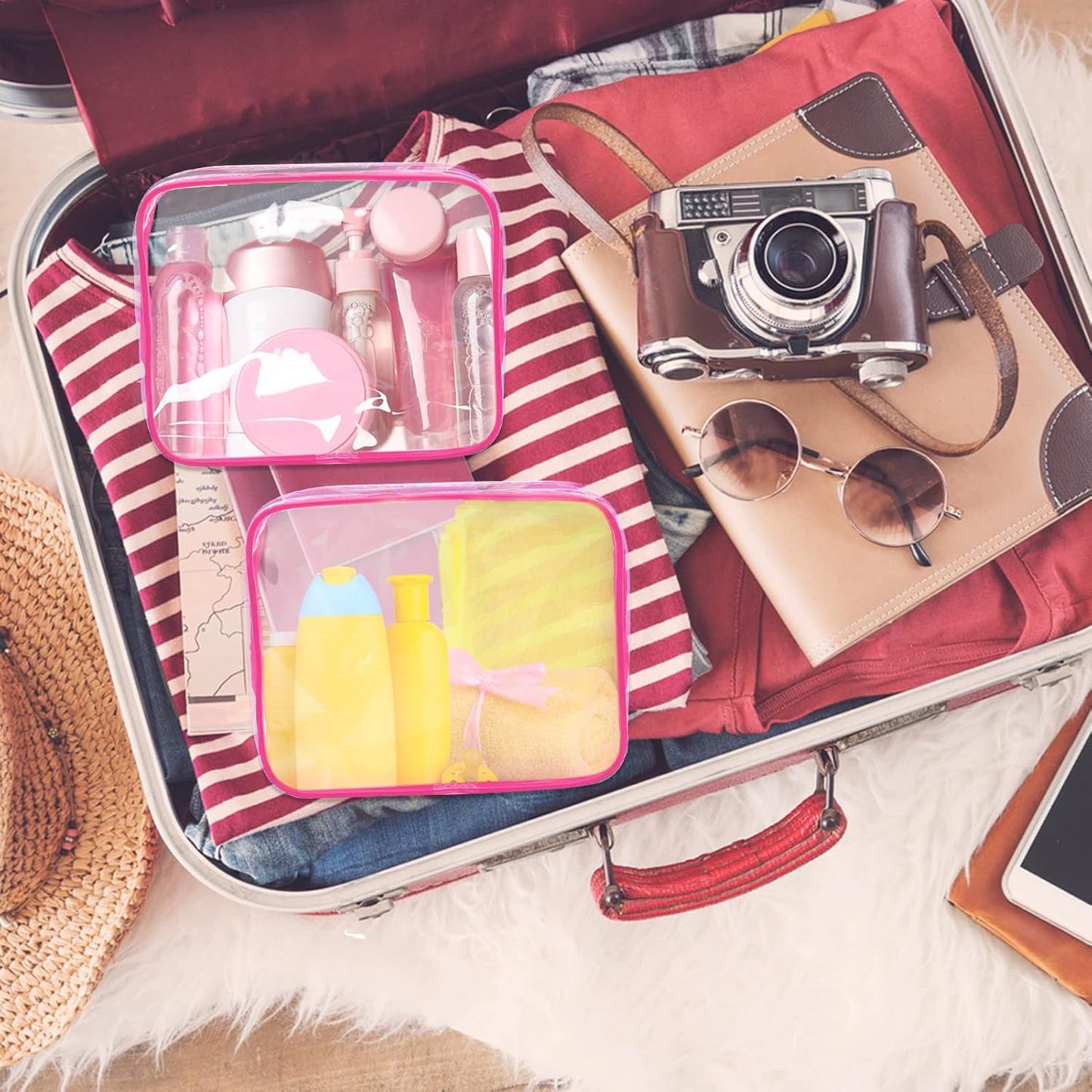 APREUTY Clear Makeup Bags, TSA Approved 6 Pcs Cosmetic Makeup Bags Set Clear PVC with Zipper Handle Portable Travel Luggage Pouch Airport Airline Vacation Organization (Rose Red)