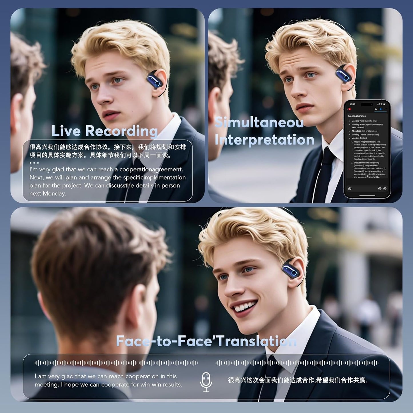 168 Languages AI Live Translation Earbuds, 4-in-1 Smart Mode Bluetooth 5.4 Touch Screen Earphones Real-Time Headphones Translator, Fit iOS and Android Ideal for Business and Learning, Deep Blue