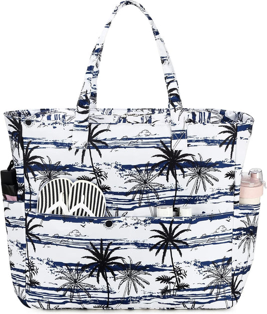 LEDAOU Large Beach Tote Bag Women Waterproof Sandproof Zipper Beach Tote Bag for Pool Gym Grocery Travel with Wet Pocket