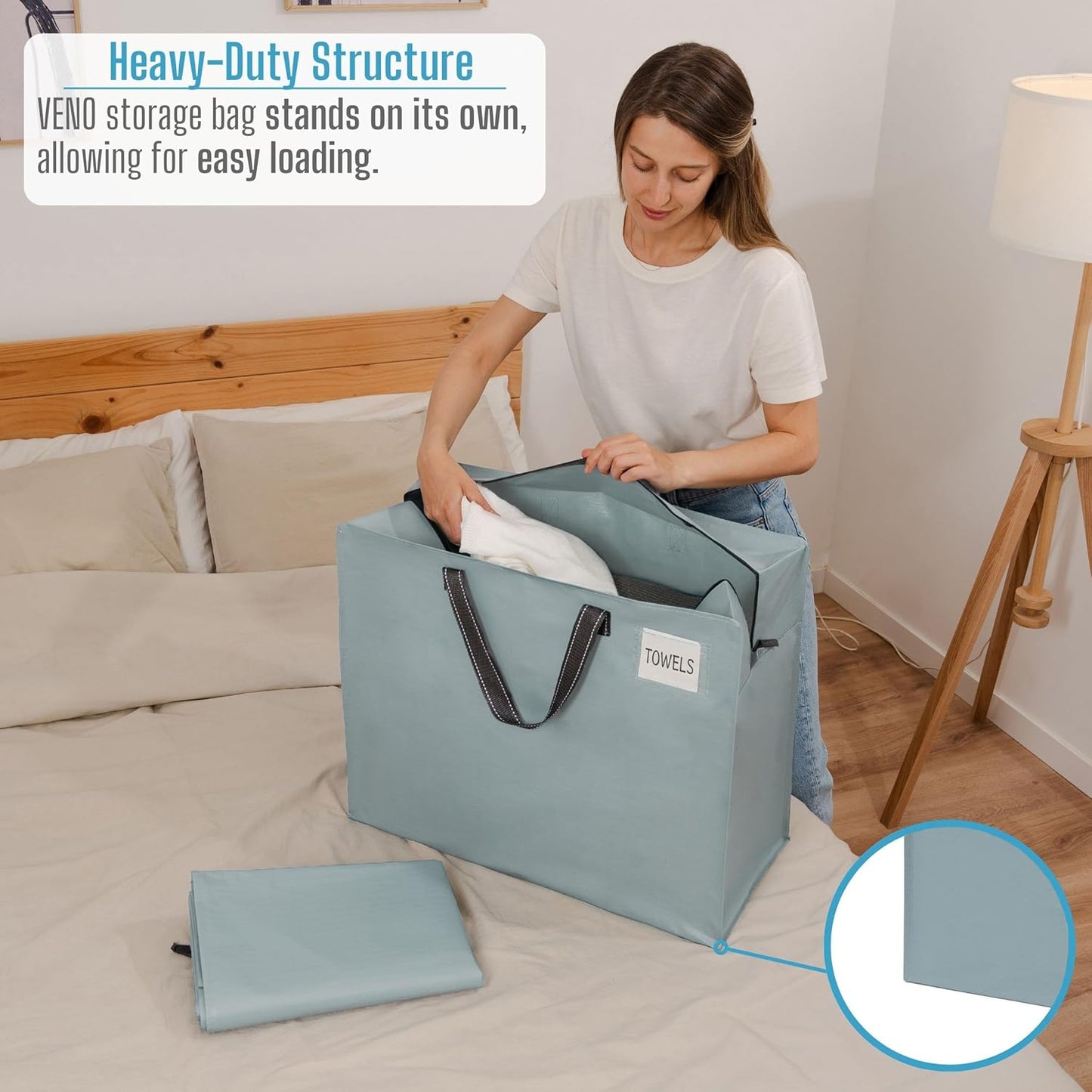 VENO 4 Pack Heavy Duty Moving Bags, Storage Bags, Packing Supplies, Top Zipper, Storage Totes for Camping, Clothes, Bedding, Comforters, Pillows (22 Gallon Light Blue, 4 Pack)