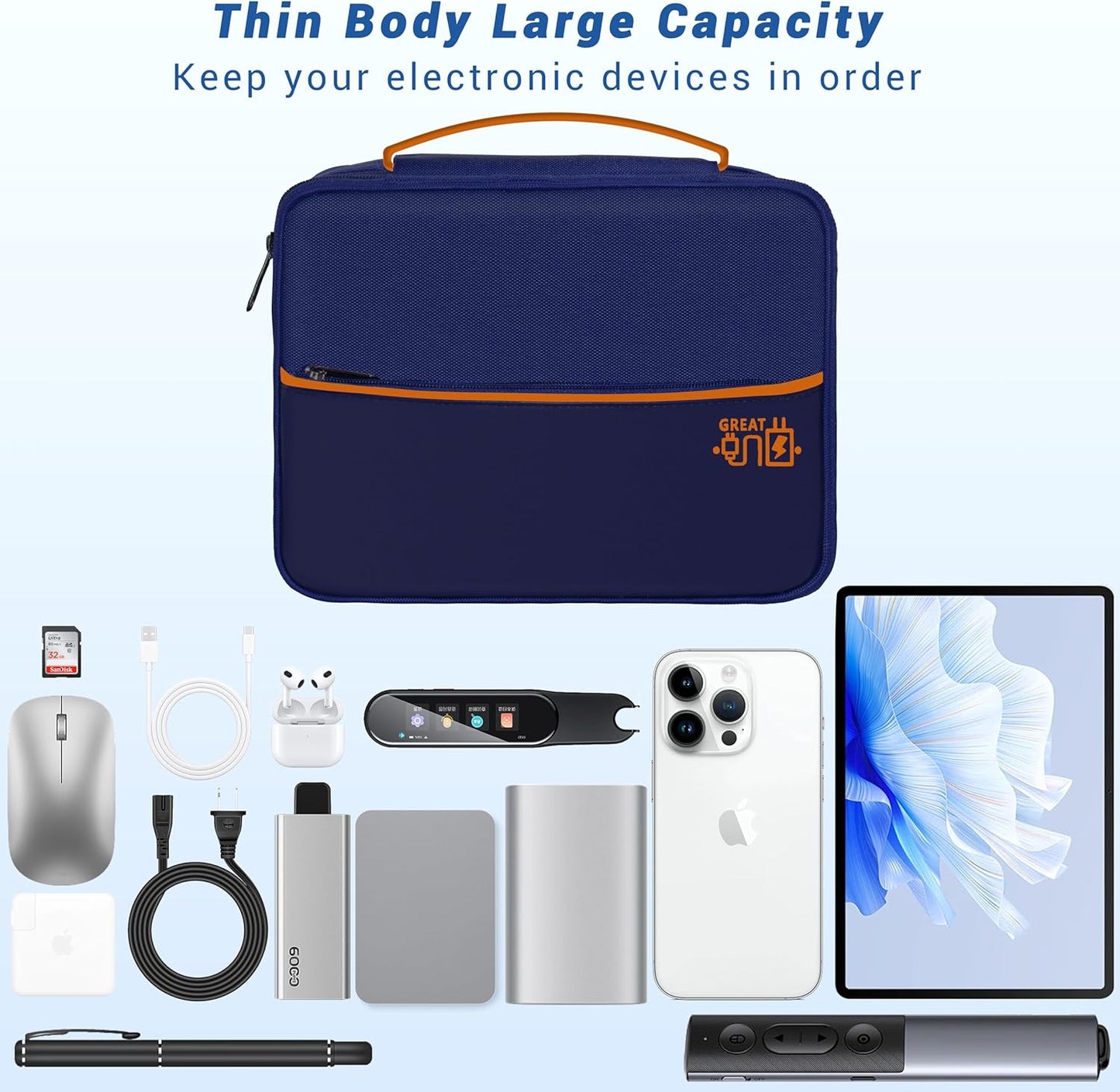 Electronics Organizer,Travel Cord Organizer Pouch, Portable Cable Organizer Bags, Waterproof Electronic Accessories Storage Case for Cables, Cords, Charger, Phone (Three Layer-NavyBlue)