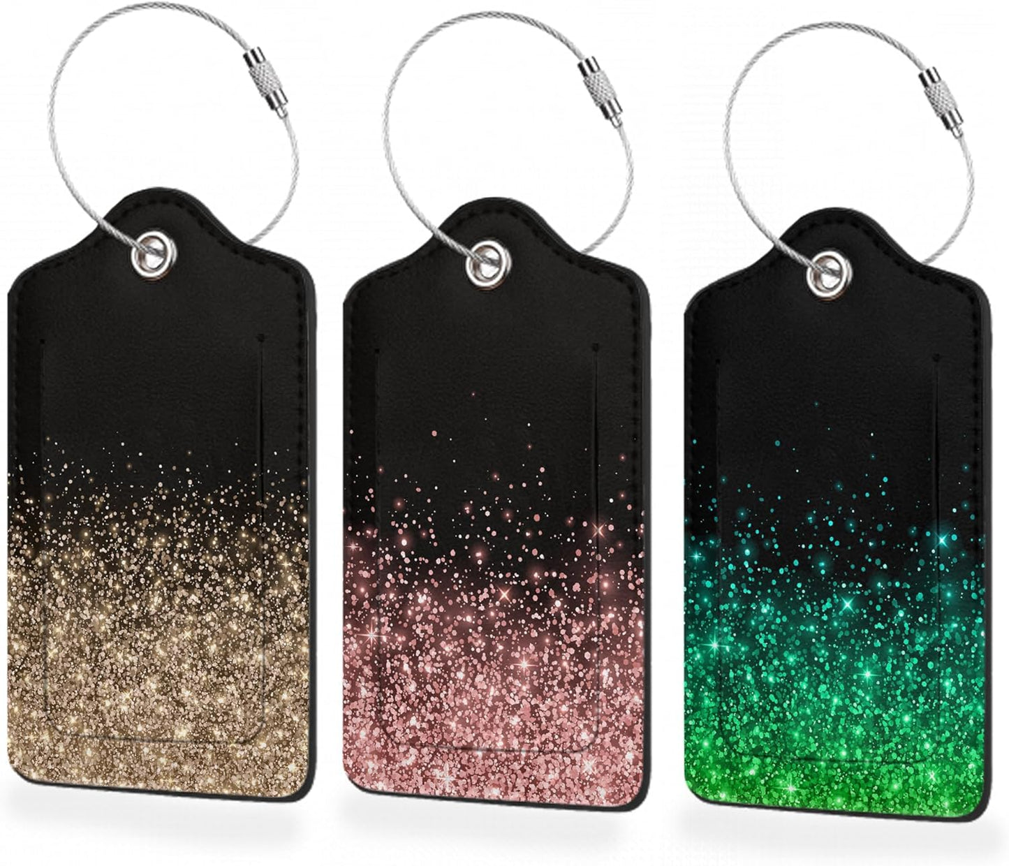 3 Pack Luggage Tag for Suitcase,Rose Golden Glitter Leather Luggage Tags with Privacy Cover Name ID Label Identifiers Travel Bag Tags for Women Men Boys Girls