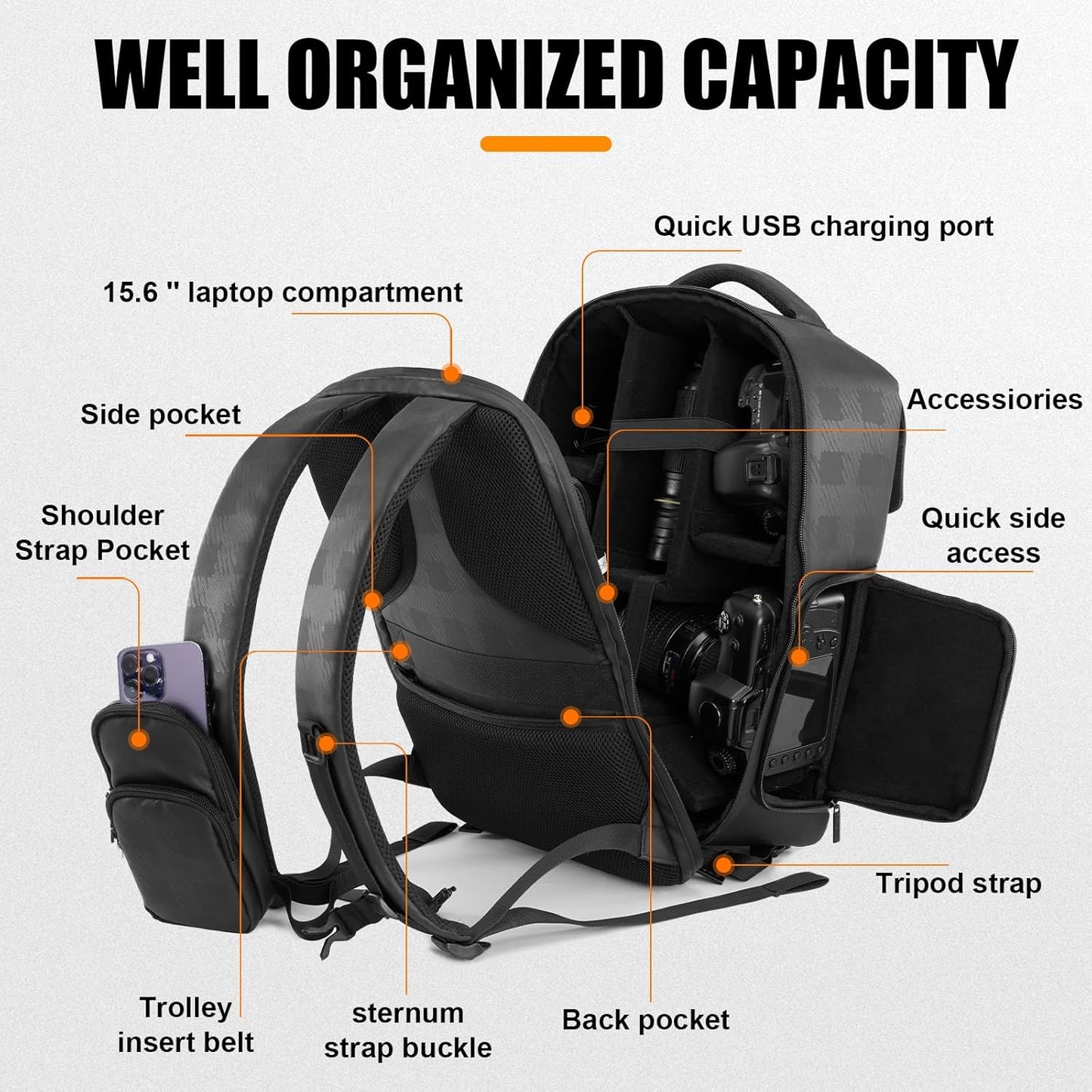 Cwatcun Camera Backpack Waterproof Camera Bag, Multi-Functional Travel Photography Bag Camera Case with 15.6" Laptop Compartment and Tripod Holder for Canon/Nikon/Sony SLR/DSLR/Mirrorless Camera