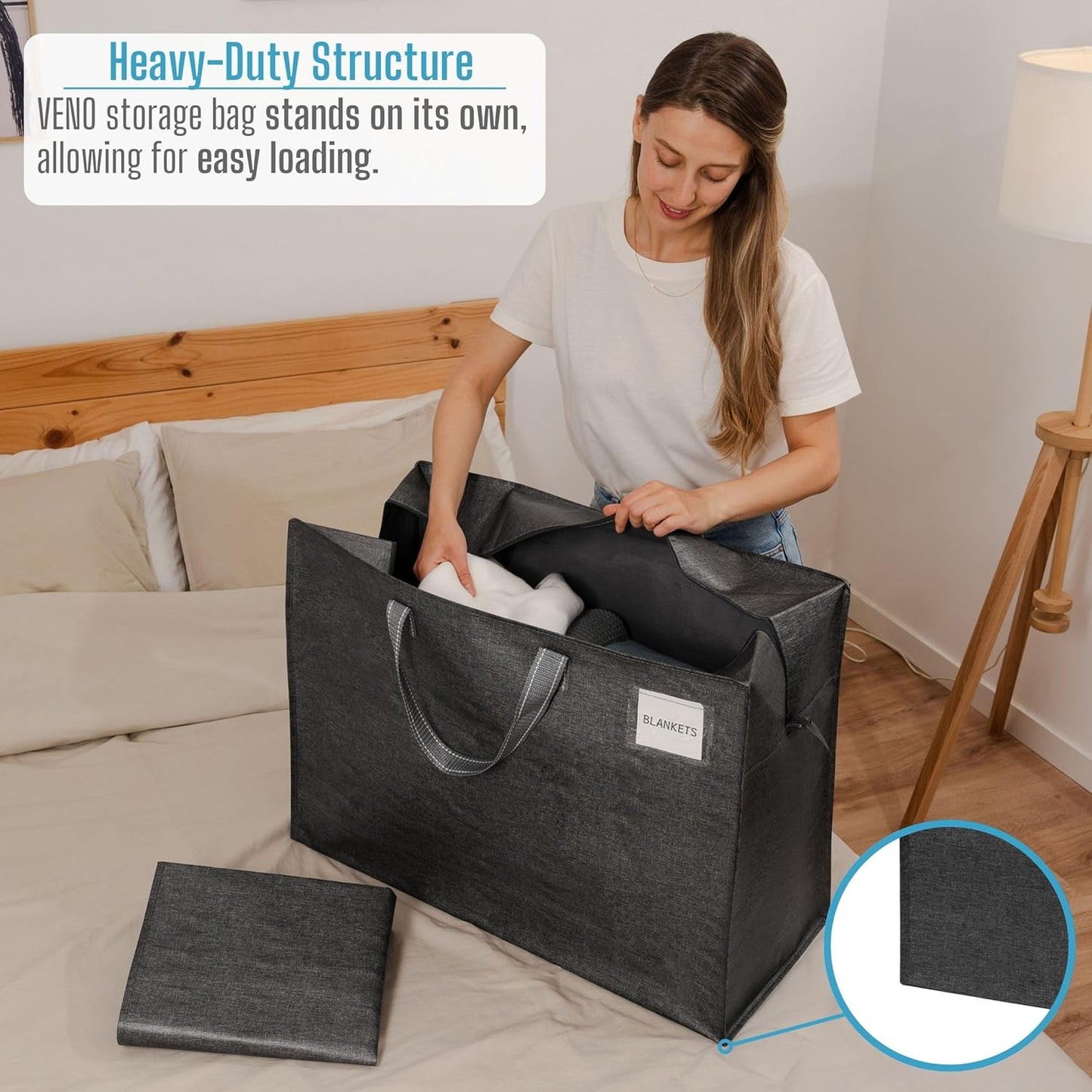 VENO 4 Pack Heavy Duty Moving Bags, Storage Bags, Packing Supplies, Top Zipper, Storage Totes for Camping, Clothes, Bedding, Comforters, Pillows (27 Gallon Dark Gray, 4 Pack)