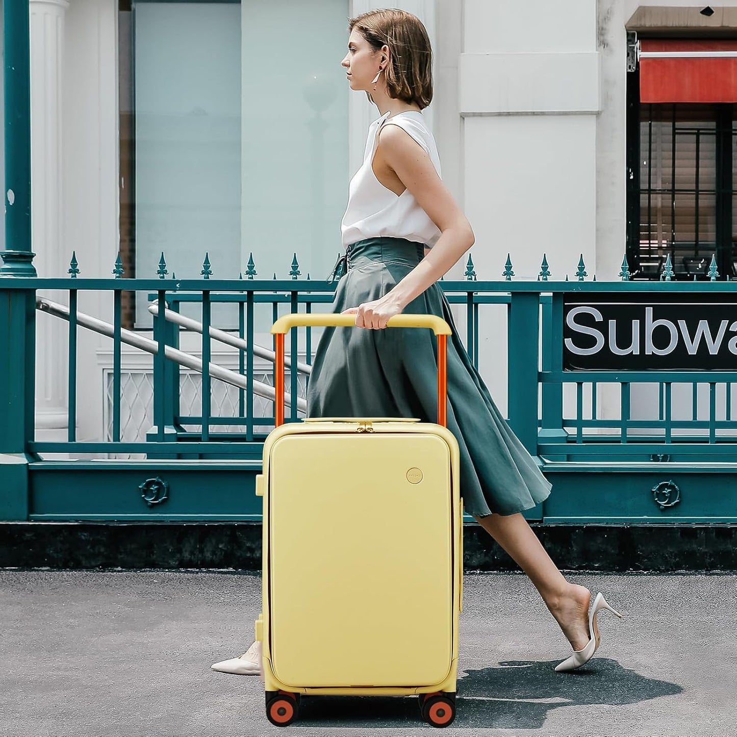 mixi Checked Luggage Wide Handle Luxury Design Rolling Travel Suitcase PC Hardside with Aluminum Frame Hollow Spinner Wheels, with Cover, 24 inch, Lark Yellow