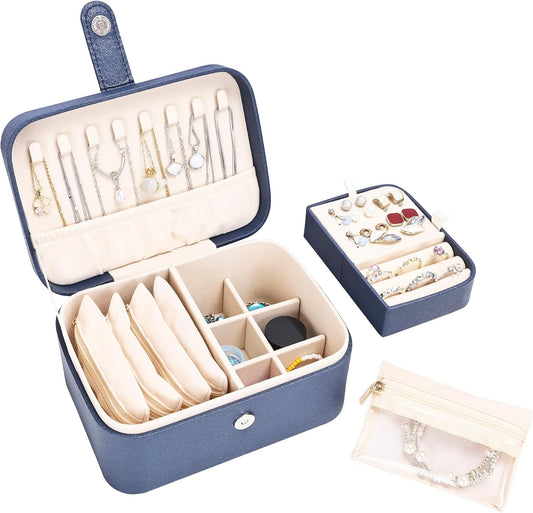 2 Layer Portable Jewelry Box, Large Jewelry Travel Case with 4 Velvet Jewelry Pouches, Medium Size Jewelry Organizer Box for Earrings, Necklaces, Bracelets (dark blue)