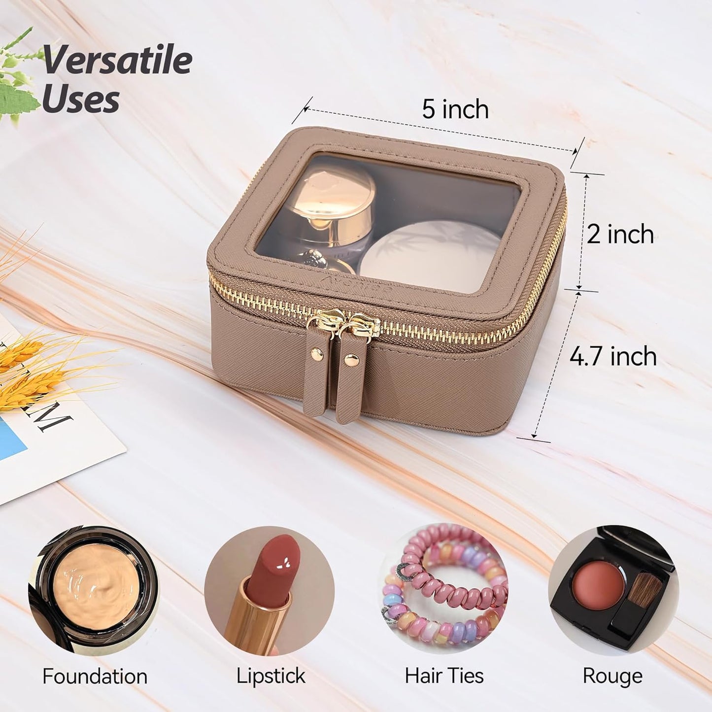 Aveniee Mini Clear Makeup Bag, Small Travel Toiletry Bag Cosmetic Bags TSA Approved, Clear Makeup Case Pouch with Zipper, Car Organizer Essentials for Women Men,Taupe