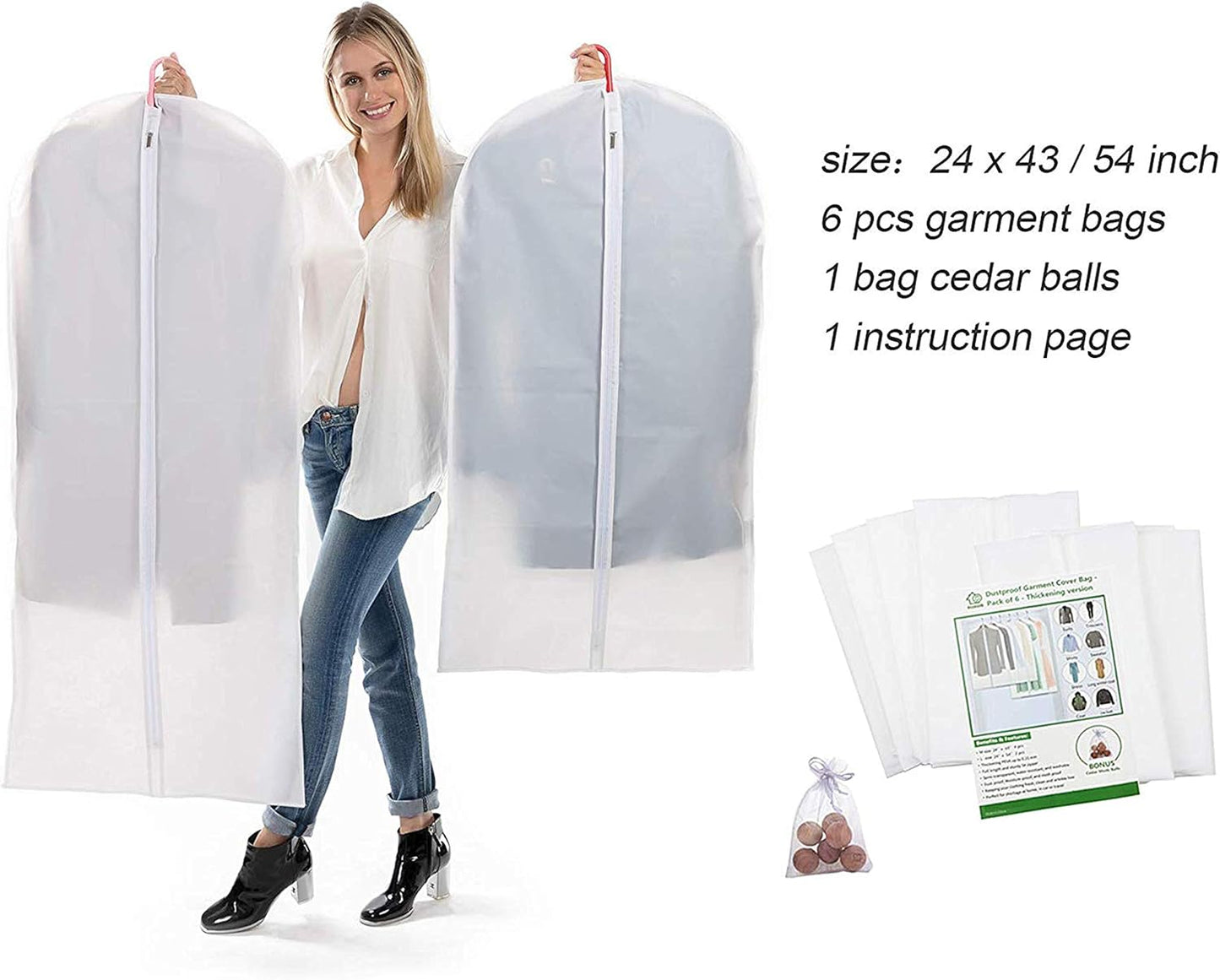 Garment Bags for Hanging Clothes, Clear Plastic Closet Storage Covers with Cedar Balls, 24" x 43"/54”, 6 Pack