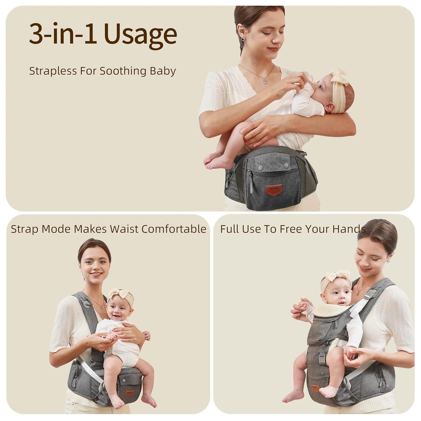 SUNVENO 3 in 1 Ergonomic Baby Carrier with Hip Seat for Newborns and Toddlers, Supports 20 lbs and Up, Waist and Back Relief with Large Weight Capacity for All Season Use, Grey