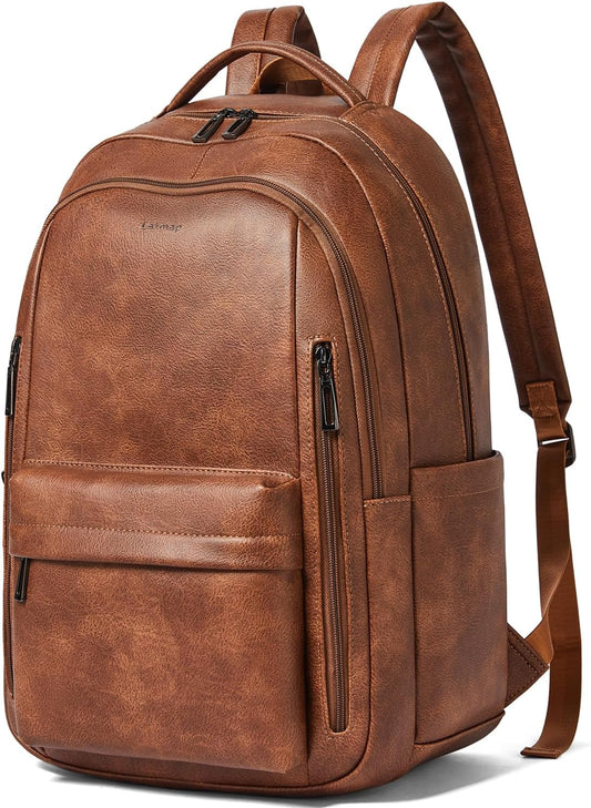 30L Business Laptop Backpack for Women Men, Travel Work Backpack Purse Faux Leather College Bookbag fits 15.6" Laptop - Brown