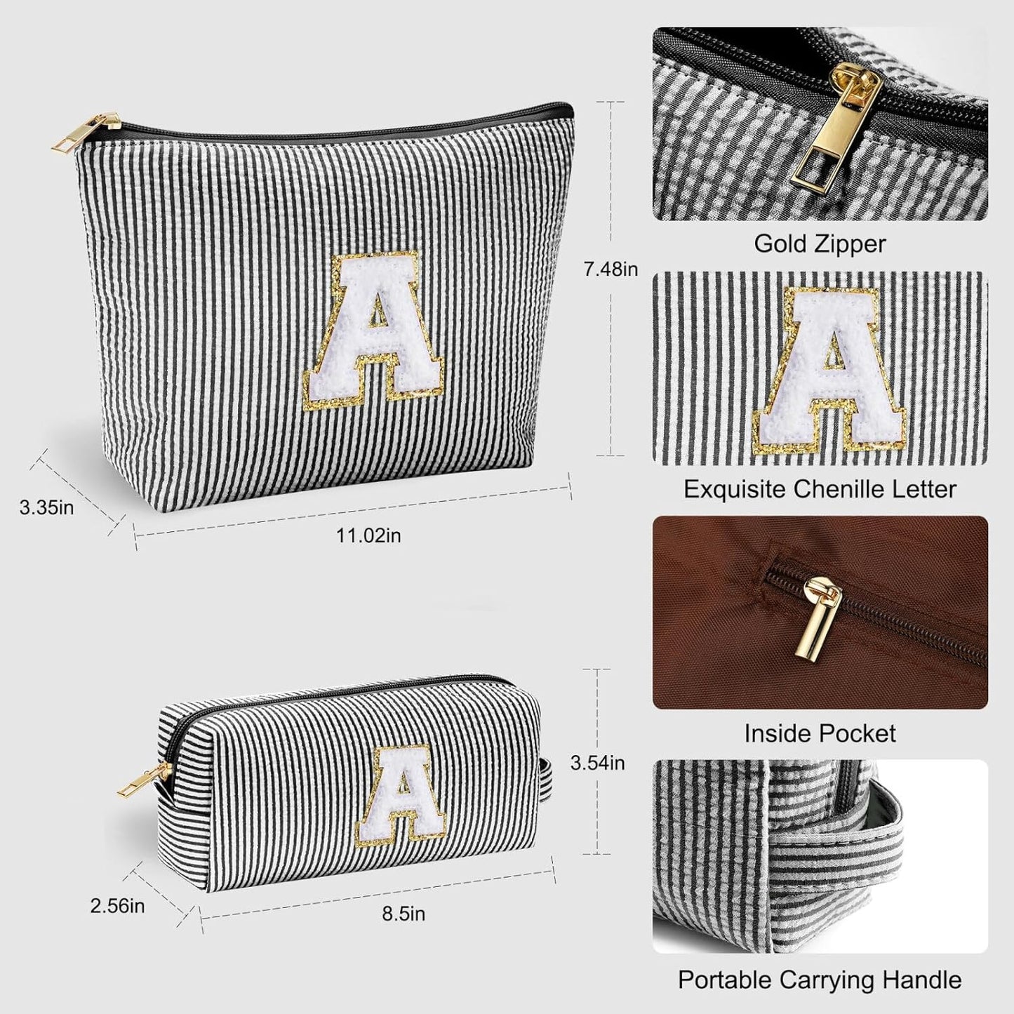 YOOLIFE Travel Makeup Bag Cosmetic Bag - Make Up Bag with Makeup Brush Bag Monogram Makeup Pouch Bag 2 Pieces Cute Makeup Bag Personalized Gifts Best Friend Birthday Gifts for Women Black Letter Y