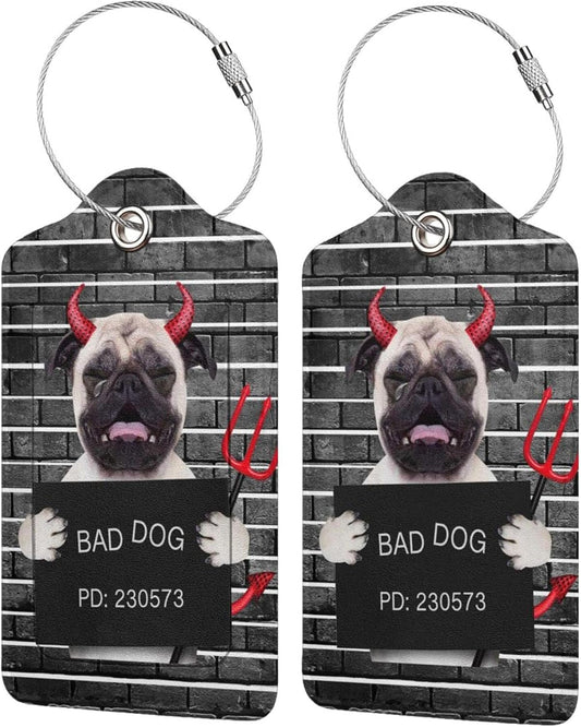 2 Pack Luggage Tags for Suitcase, Devil Pug Dog PU Leather Travel Luggage Tag with Privacy Flap, Name ID Label and Metal Loop for Women Men Suitcase Baggage Bag Backpack