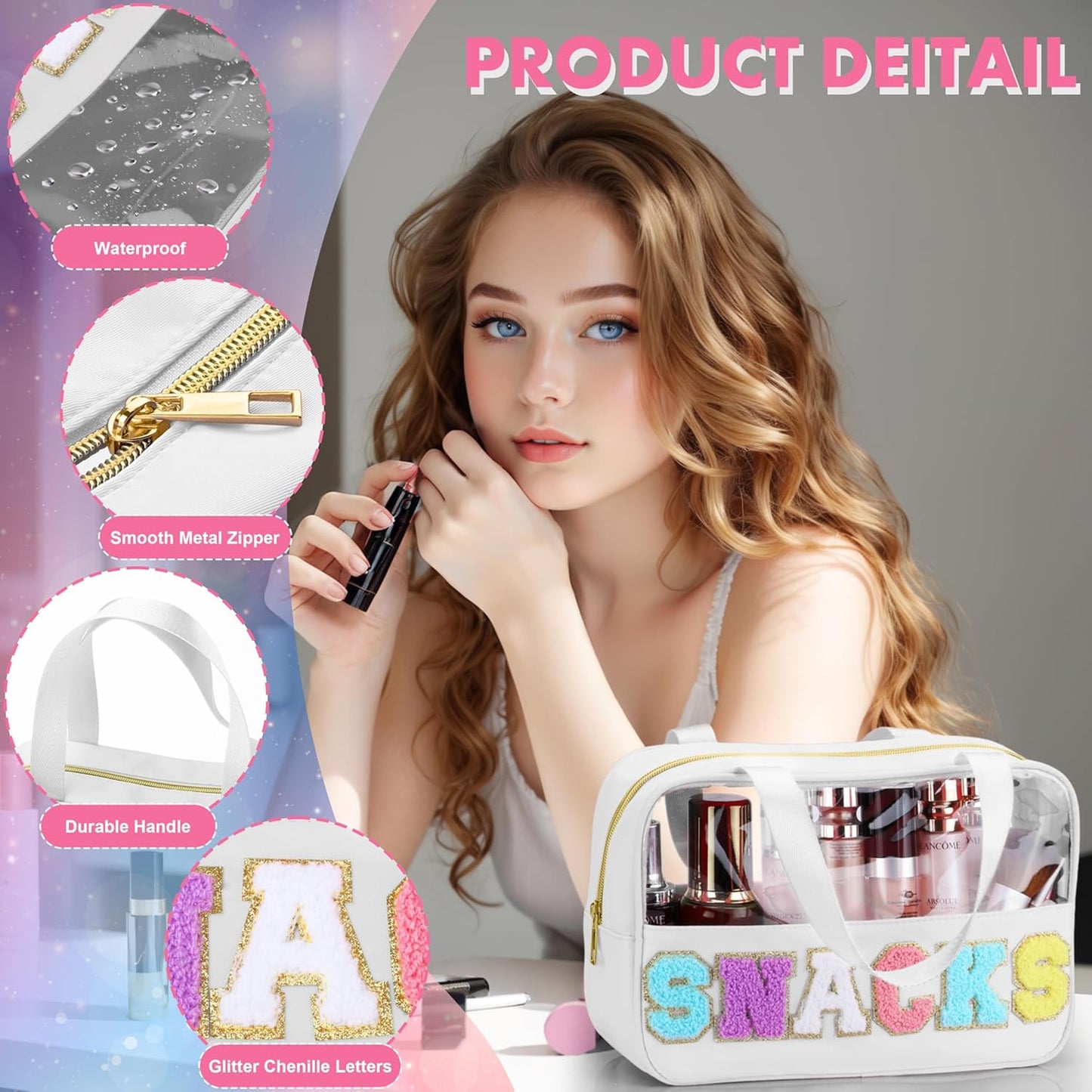 Snack Bag for Travel - Chenille Letter Clear Makeup Bag, Large Preppy Patch Snack Cosmetic Bag with Handle and Zipper, Cute Makeup Pouch Nylon&PVC Waterproof Toiletry Organizer Storage for Women Girls