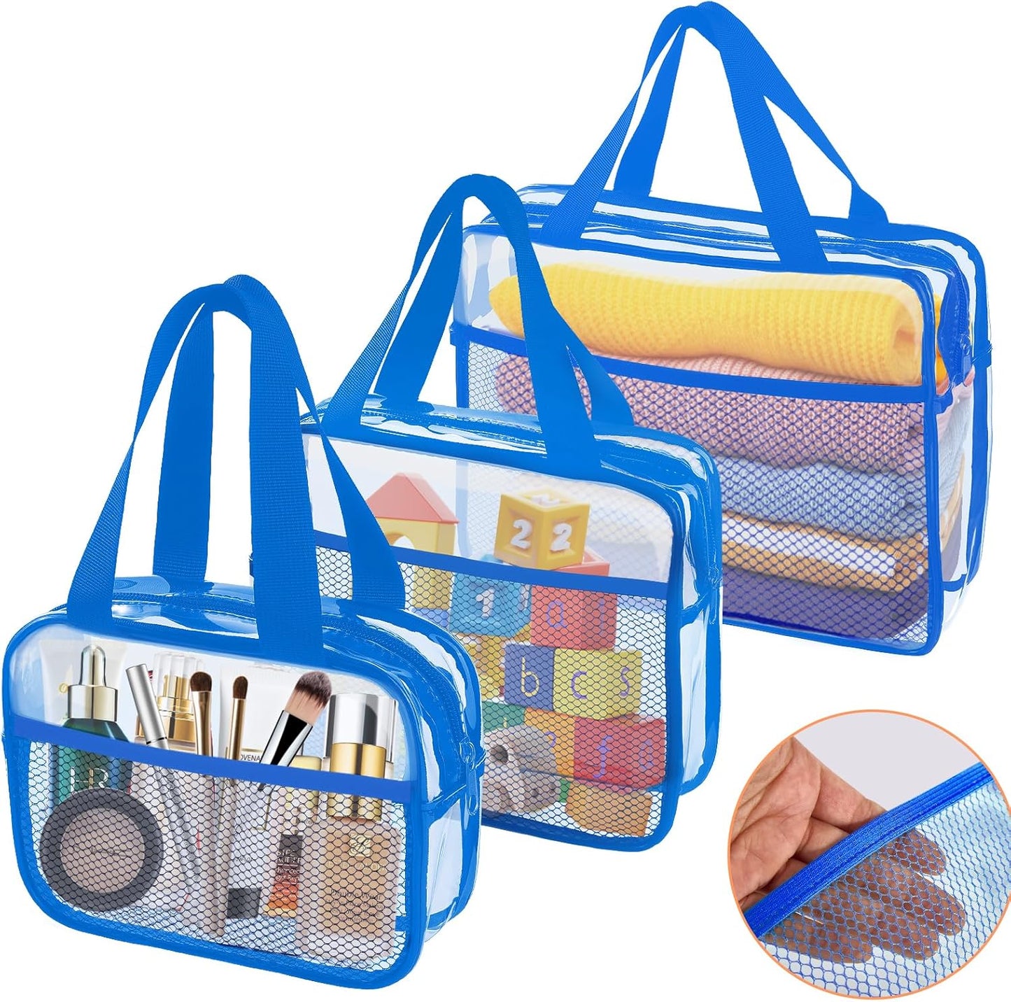 XEWEA Clear Travel Toiletry Bags, 3 Pack TSA Approved Transparent Makeup Bag for Men Women, Large Waterproof PVC Quart Organizer with Zipper for Toiletries Airline Essentials,Toy Storage Pouch Blue