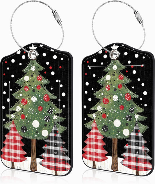 2 Pack Luggage Tags for Suitcases Christmas Tree Leather Luggage Tags Privacy Cover ID Label with Stainless Steel Loop and Address Card for Women Men Travel Bag Backpack