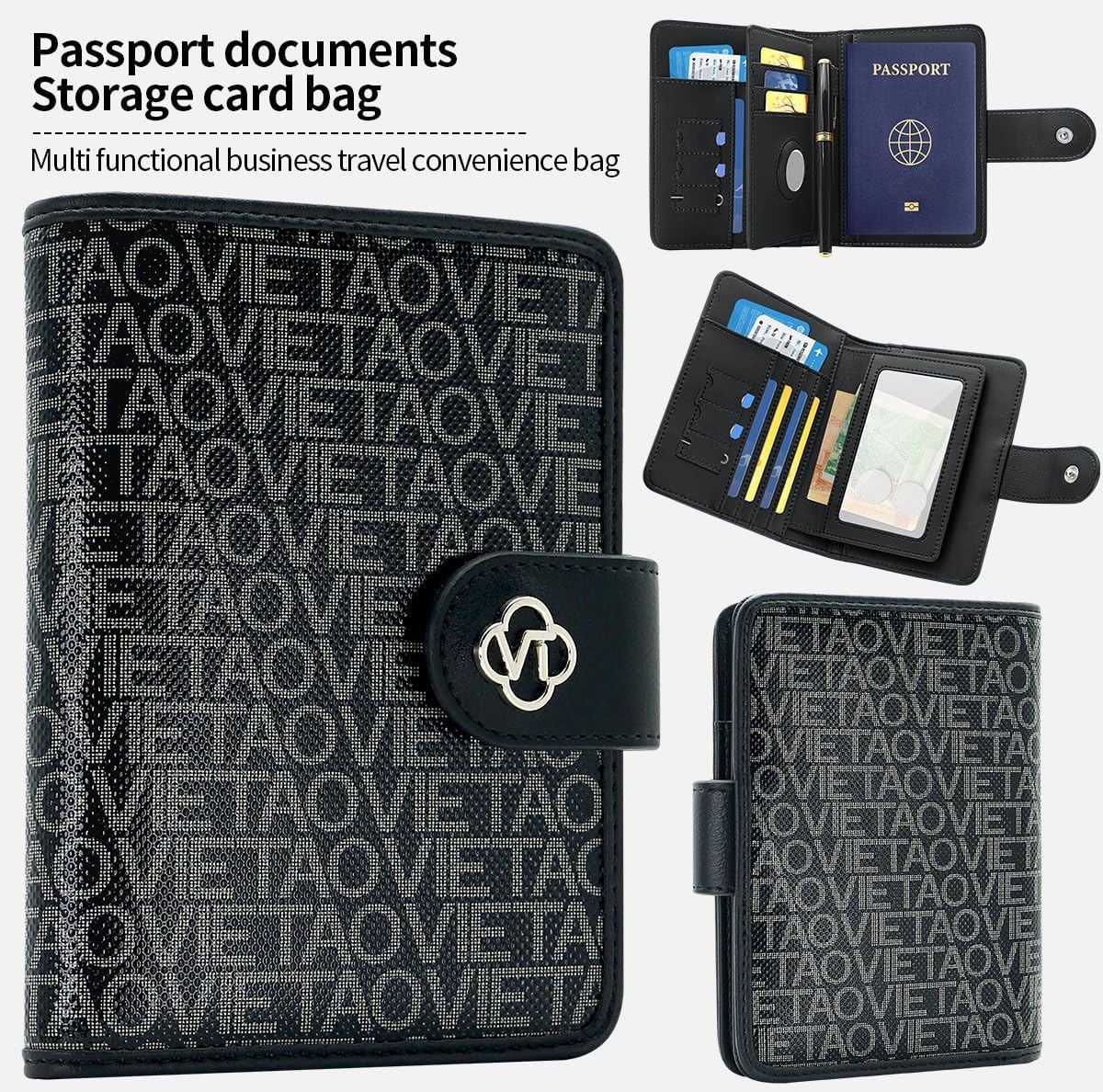 Passport Holder Wallet Bag with AirTag Holder, Card Slots Passport Solt Ticket Cash Solt, Photo Solt Sim Card Pen Slot.Black