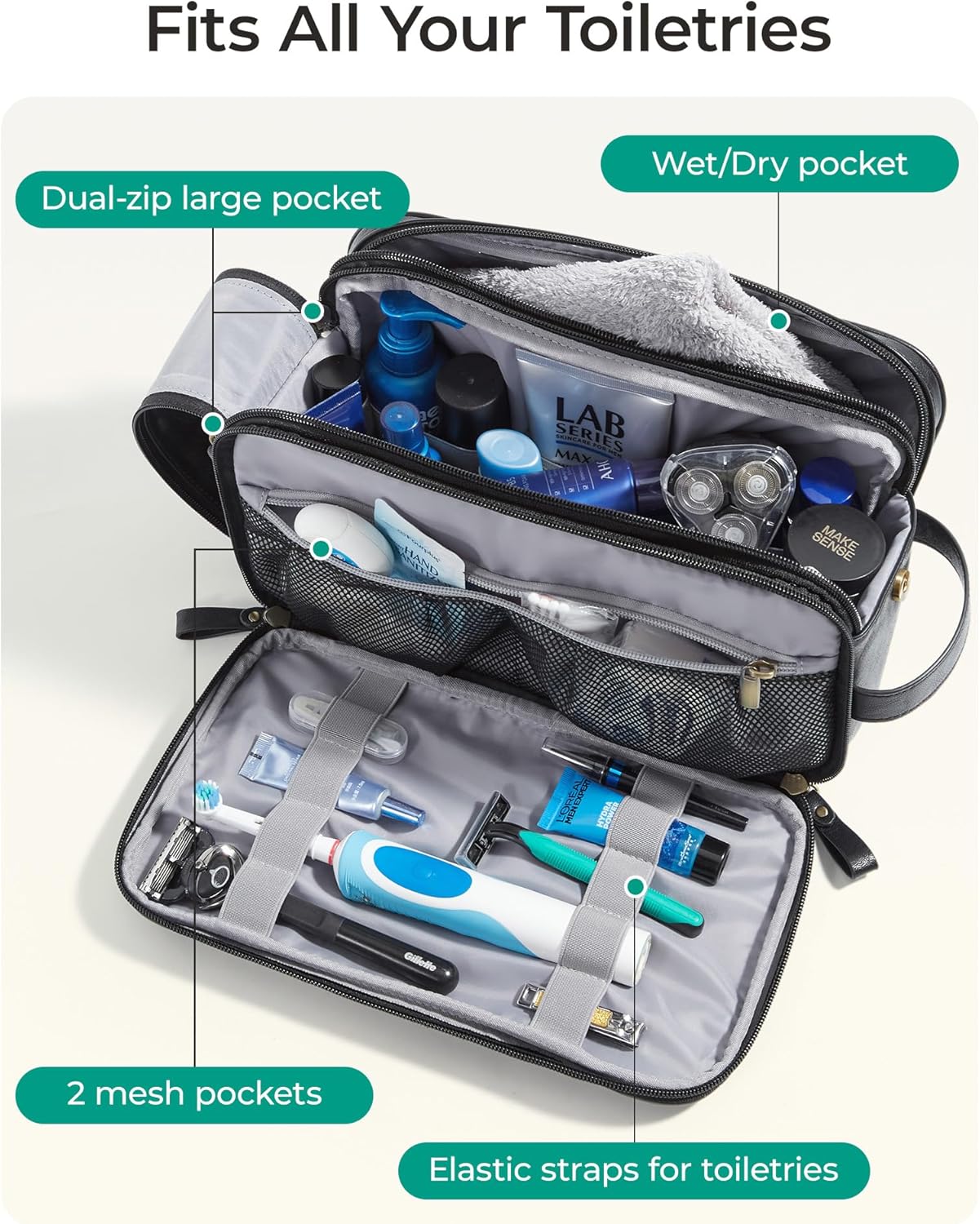 BAGSMART Toiletry Bag for Men, PU Leather Travel Bag for Toiletries, Dopp Kit Water Resistant Shaving Bag for Bathroom Shower-Black